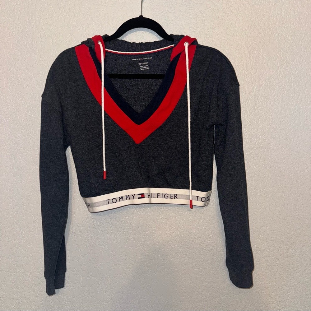 Tommy Hilfiger Navy Blue Hoodie with Red and White Accents Size XS